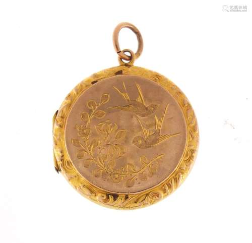 Victorian 9ct gold circular locket engraved with birds amongst flowers, hallmarked Birmingham