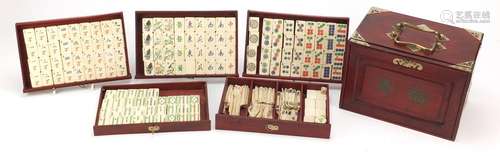 Chinese bone mahjong set with brass mounted chest, the chest 16cm H x 24cm W x 16.5cm D : For