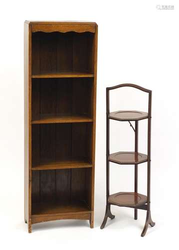 Mahogany three tier folding cake stand and an oak four shelf open bookcase, the bookcase 119cm H x