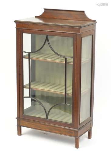 Edwardian inlaid mahogany china cabinet fitted with two shelves, 124cm H x 70cm W x 34cm D : For