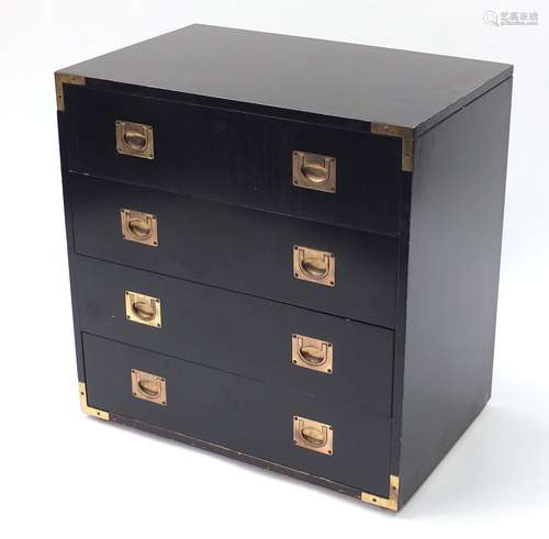 Ebonised campaign style four drawer chest with brass mounts and inset handles, 72cm H x 70cm W x