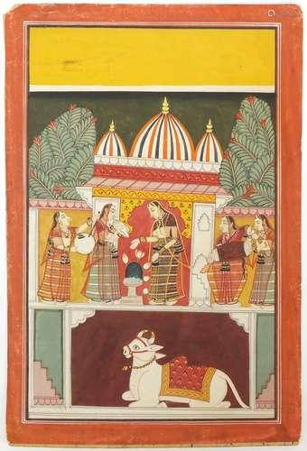 Lady showering flowers on a Shivaling with cow, 18th century Indian Nalwa school painting, unframed,