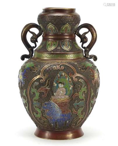 Japanese bronzed cloisonné vase with twin handles, enamelled with Buddha and flowers, 31cm high :