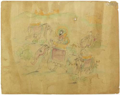 Maharaja sitting on an elephant during a hunting expedition, 18th century Indian Kishangarh school