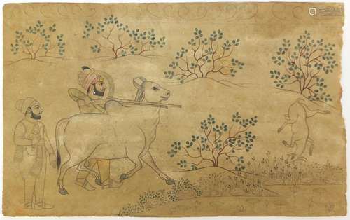 Maharaja hunting deer, 19th century Indian Udaipur school painting, unframed, 24.5cm x 15.5cm :