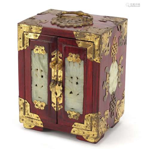 Chinese hardwood three drawer jewellery chest with carved jade panels and brass mounts,18cm high :