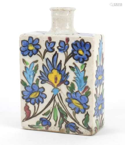 Antique Tuskish Iznik pottery flask, hand painted with flowers, 16cm high : For Further Condition