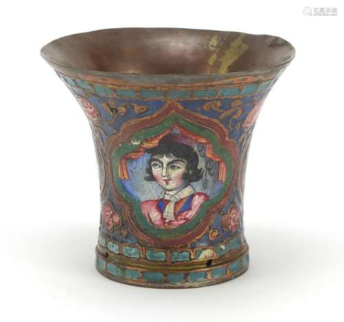 18th/19th century Turkish enamelled beaker, hand painted with noble portraits, 7.5cm high : For