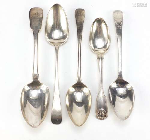 Five Georgian silver tablespoons, various hallmarks, the largest 22.5cm in length, 290.5g : For