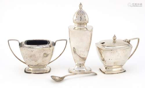 Art Deco silver three piece cruet with matched spoon, O & B Ltd, Birmingham 1937, the caster 12cm