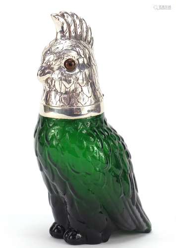 Novelty green glass jug with silver plated mounts in the form of a parrot, 25cm high : For Further