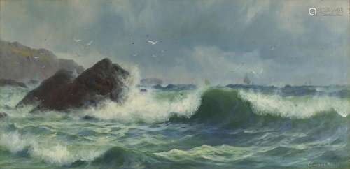 Edward Moore - Seascape, 19th century oil on canvas, labels verso, mounted and framed, 59.5cm x 29cm