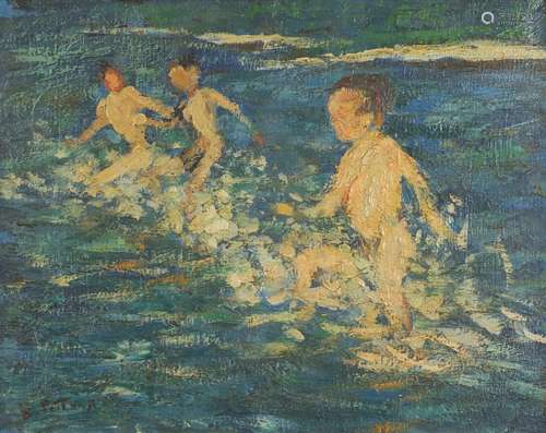 Children playing in water, Post-Impressionist oil on canvas, bearing an indistinct signature