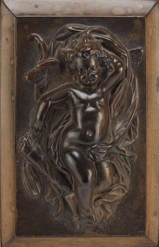 19th century French Bois Durci plaque of Putti, mounted and framed, 12.5cm x 8cm : For Further