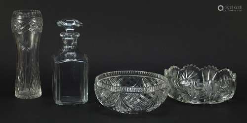 Glassware including a Baccarat decanter and two good quality cut glass bowls, the largest 25.5cm