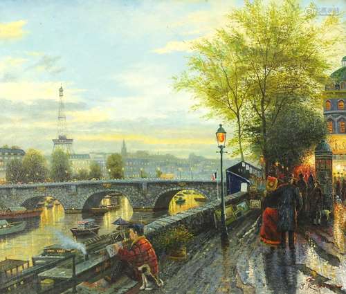 After Thomas Kinkade - Figures walking on an embankment before a city, American school oil on canvas