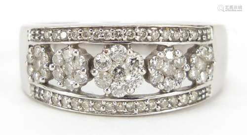 14ct white gold diamond half eternity ring with five flower heads, size Q, 5.4g : For Further