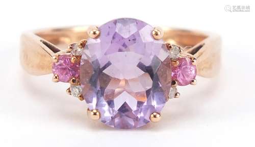 9ct rose gold amethyst, ruby and diamond ring, size Q, 3.5g : For Further Condition Reports Please