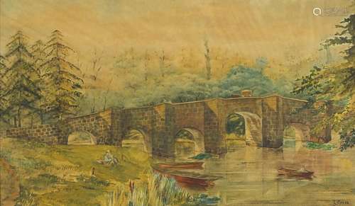 E Cross - Figures and boats in water before a bridge, Victorian watercolour, part inscription verso,