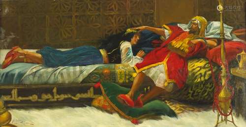 Nobleman and female in an interior, Orientalist school oil on board, framed, 75.5cm x 39cm : For