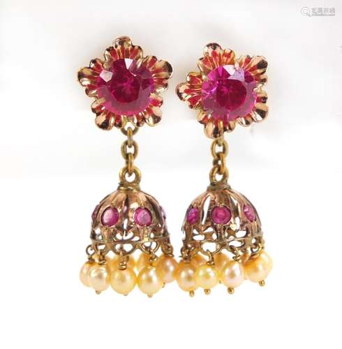 Pair of unmarked gold pink sapphire and pearl earrings with screw backs, 3.5cm in length, 6.2g : For