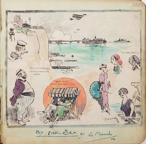 Early 20th century annotation and sketch album with comical watercolours signed by various