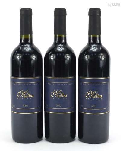 Three bottles of 2001 De Bortoli Yarra Valley Melba Reserve red wine : For Further Condition Reports