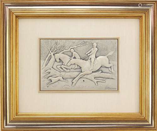 Contemporary Italian 925 silver plaque depicting a hunting scene by Ottaviani, mounted and framed,