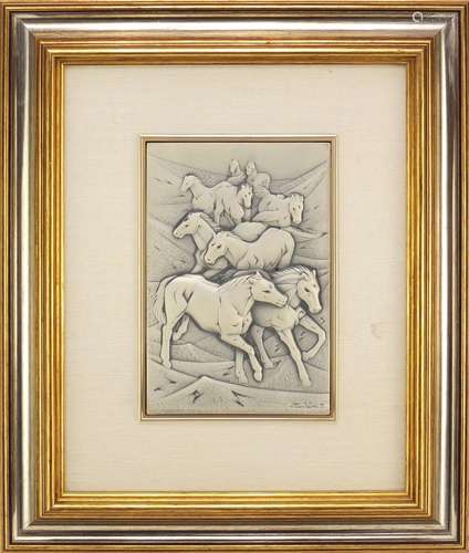 Contemporary Italian 925 silver plaque depicting horses by Ottaviani, mounted and framed, 18cm x