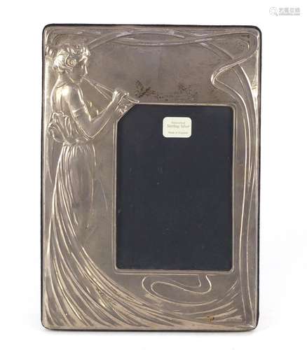 Rectangular silver easel photo frame embossed with an Art Nouveau female, PJP Birmingham 1990,