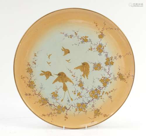 Victorian aesthetic pottery wall charger gilded with birds amongst peony blossom, 42cm in diameter :