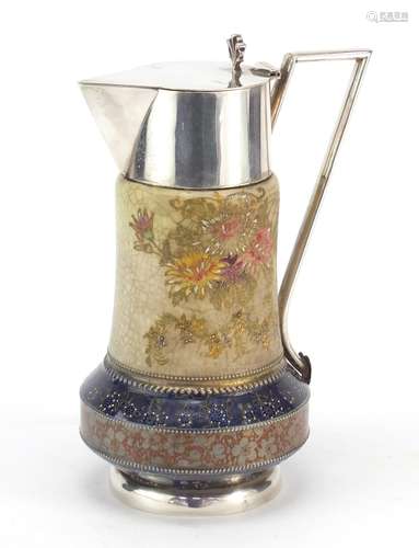 Victorian aesthetic jug with silver plated mounts, decorated with flowers, 23cm high : For Further