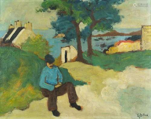 Manner of Gerard Dillon - Figure before cottages and the sea, Irish school oil on board, framed,