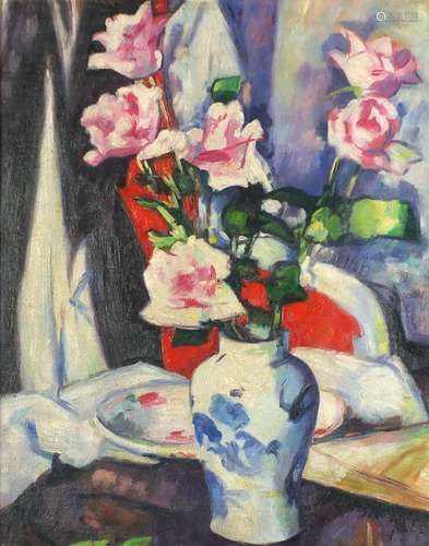 Still life flowers in a vase, Scottish Colourist school oil on board, framed, 49.5cm x 39.5cm :