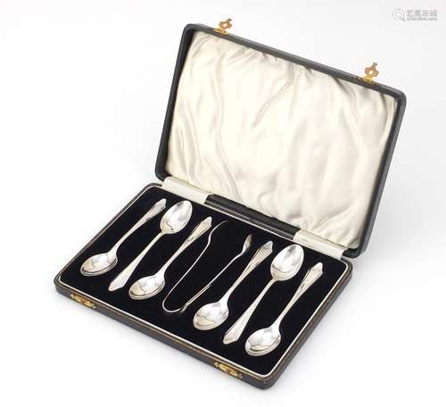 Set of six silver teaspoons and sugar tongs by Arthur Price & Co Ltd, Birmingham 1933, 11.5cm in