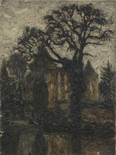 Style of John Piper - Tree study with church in the background, Impasto oil on canvas, unframed,