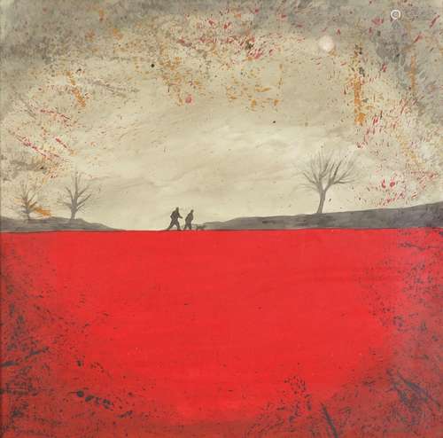 Two figures crossing a hill in a surreal landscape, gouache, framed and glazed, 47.5cm x 47cm :