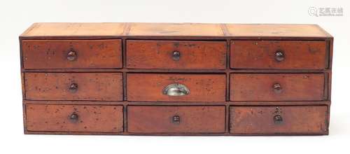 Industrial stained pine nine drawer chest, 38cm H x 115cm W x 29cm D : For Further Condition Reports