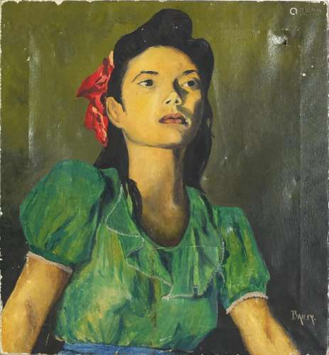 Head and shoulders portrait of an Asian female, oil on canvas, bearing a signature Bailey, unframed,