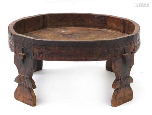 Antique Indian carved hardwood rice table with metal mounts, 33cm high x 68cm in diameter : For