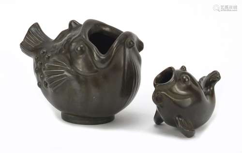 Two Danish bronzed fish jugs by Just, numbered 1360 and 1389, the largest 12.5cm in length : For