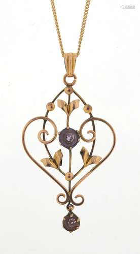 Art Nouveau 9ct gold amethyst pendant, 4.5cm in length, on a 9ct gold necklace, 40cm in length, 3.3g