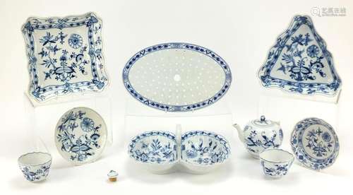 Meissen Blue Onion pattern porcelain to include teapot, drainer, scallop dish, triangular dish, cups