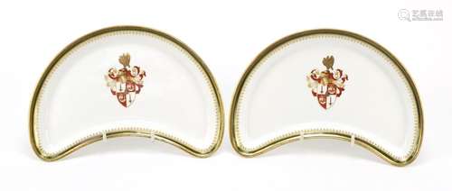 Pair of Copeland Spode kidney shaped side dishes with coat of arms and gilt borders, each 23cm