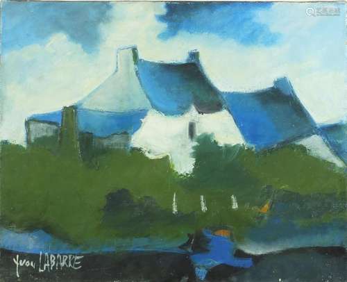 Yvon Labarre - Breton Village, oil on canvas, mounted, framed and glazed, 40.5cm x 33cm : For