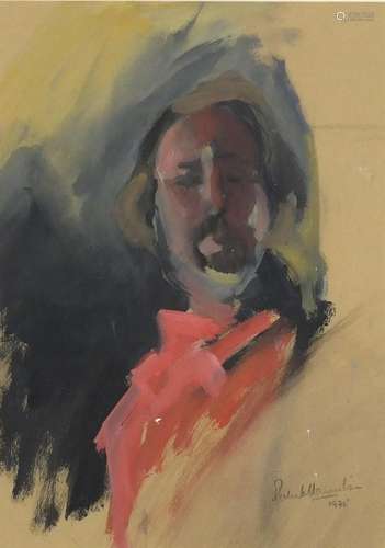 Patrick Hamilton 1975 - Self portrait, signed gouache, mounted, framed and glazed, 33.5cm x 23.5cm :