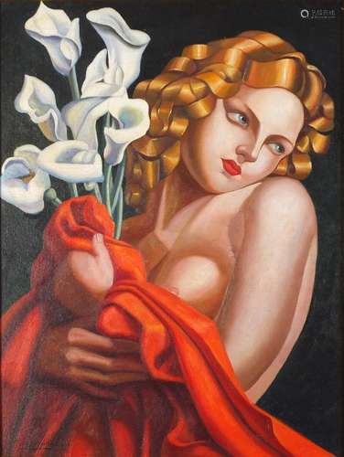 Manner of Tamara de Lempicka - Scantily dressed Art Deco female holding flowers, oil on board,