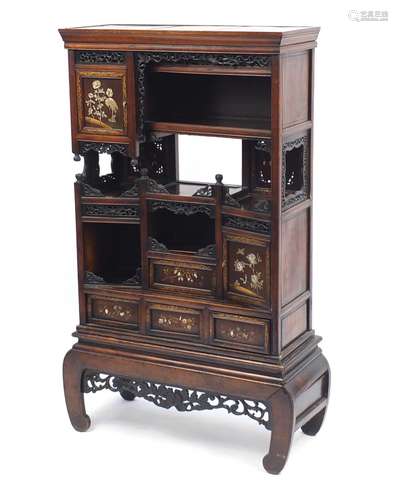 Chinese carved hardwood cabinet with ivory inlay on stand, decorated with cranes and birds amongst