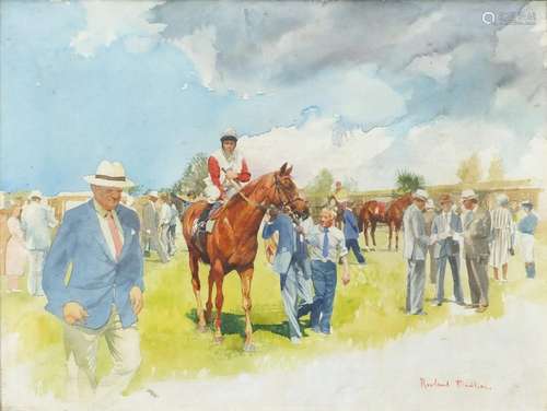 After Rowland Davidson - Horse racing scene, watercolour, framed and glazed, 60cm x 44.5cm : For