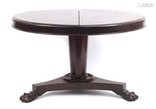 Victorian mahogany tilt top table with carved paw feet, 70cm high x 120cm in diameter : For